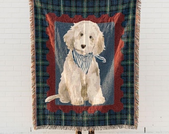 Goldendoodle Puppy Woven Throw Blanket with Plaid Tartan Frame for Preppy Dog Lover Decor and Golden Doodle Owner Birthday Gift Idea