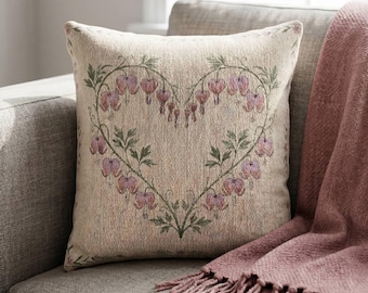 Bleeding Heart vävd kudde Coquette Cottagecore-dekor Botanisk hjärtkudde Mörk Academia gobelängkudde Blommig trädgårdsgåva 17x18