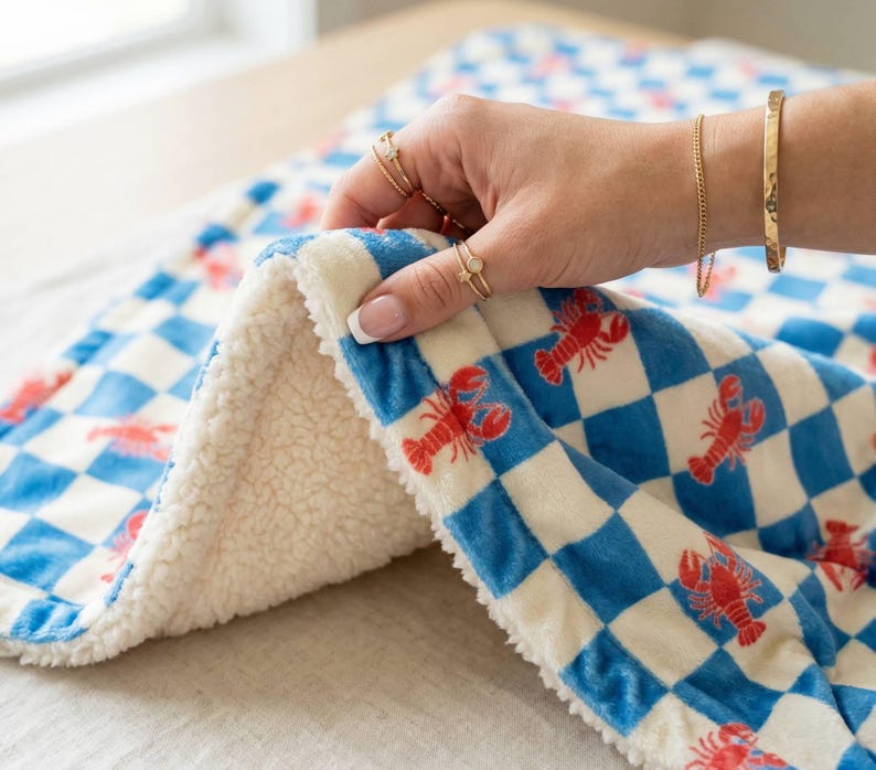 Lobster Blanket Blue Check Throw Coastal Home Decor Preppy Blanket ...