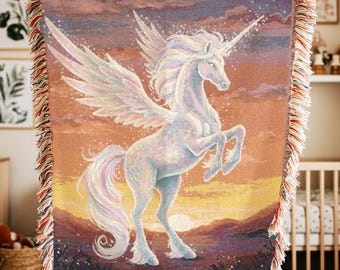 Magical Unicorn Blanket Pastel Fantasy Cozy Throw for Unicorn Lovers Pegasus Tapestry Fairycore Decor Fairytale Blanket Princesscore Kawaii