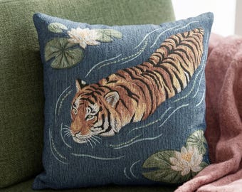 Woven Tiger Throw Pillow Eclectic Maximalist Decor Swimming Tiger Cushion Jungalow Style Home Decor Tiger Accent Pillow Boho Gift