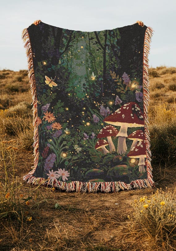 Enchanted Mushroom Tapestry Woodland Whimsy Blanket Fantasy Gift for Fungi Lovers Mycology Decor