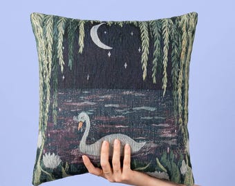 Swan Pond Throw Pillow Whimsical Willow Tree Woven Fairytale Nursery Gift Accent Cushion for Enchanted Cottage Decor for Fairycore Home