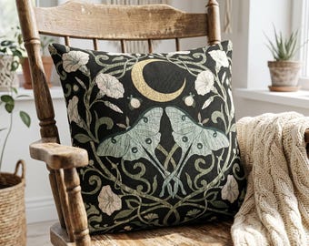 Luna Moth Prydnadskudde Art Nouveau Heminredning Gotisk Accentkudde Vävd Gobelängkudde Whimsigoth Celestial Moon Witchy Cottagecore