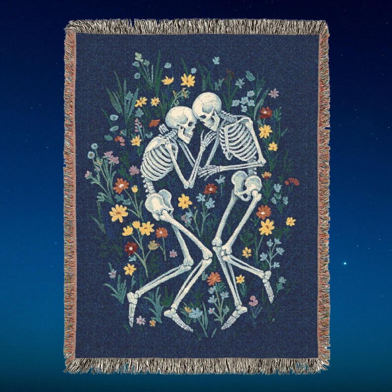 Skeletons laying together in a flower field throw blanket, inspired by in a week by hozier tapestry