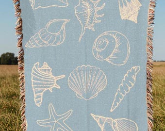 seashell blanket vintage sealife tapestry fish woven blanket crustaceancore art coastal decorating nautical home decor beach house