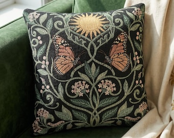 Monarkkudde Art Nouveau Fjärilskudde Mörk Cottagecore Accentkudde Nyckfull Botanisk Solvävd Gobeläng Art Nouveau-dekor