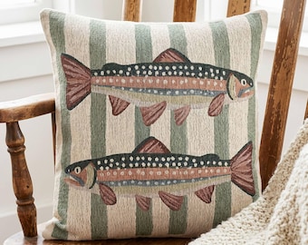 Rainbow Trout Throw Pillow 17x18 Fish Cabin Decor Trout Cushion Fishing Gift For Men Cottage Striped Accent Pillow Lodge Lake House Decor