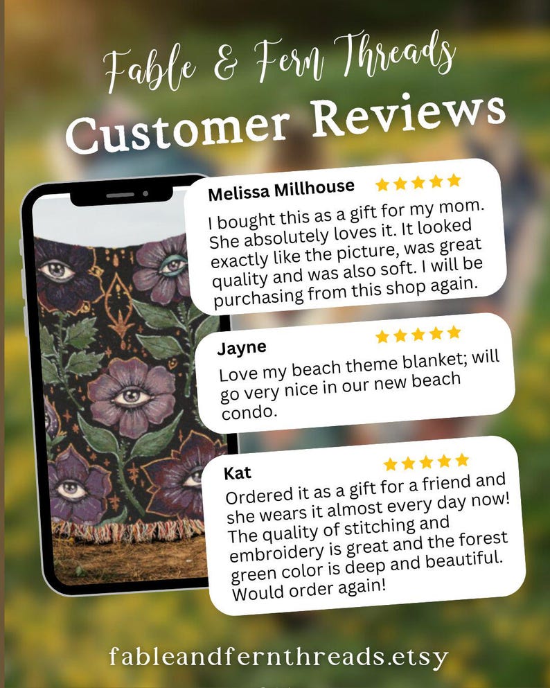 May include: A smartphone screen displaying three five-star customer reviews for Fable & Fern Threads. The screen shows a textile with a dark background, purple flowers with eye centres, and gold accents. Text includes customer names and feedback.