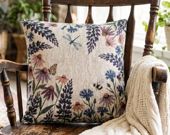 Cottagecore Wildflower vävd kudde med blommotiv, Grandmillennial, boho-äng, broderad look, vävt örngott, 17x18
