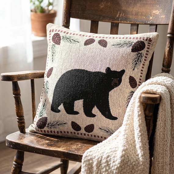 Black Bear Throw Pillow Rustic Cabin Decor Pinecone Woven Accent Cushion 17x18 Wilderness Lodge Lumberjack Aesthetic Woodsman Couch Pillow