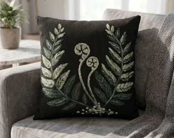 Fiddlehead Fern Throw Pillow Botanical Goth Woven Cushion Cover Goblincore Home Decor Vintage Dark Academia Moody Forest Accent Pillow
