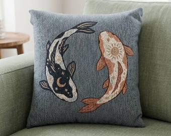 Himmelsk Koifisk Kuddfodral Vävd Yin Yang Kudde Sol och Måne Gobeläng Kudde Mörk Cottagecore Dekor Mystisk Fisk Gåva 17x18