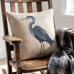 May include: A square throw pillow with a textured beige fabric cover featuring a detailed woven illustration of a blue heron standing in profile. The bird is depicted with shades of blue, grey, and brown plumage, a long neck, and a pointed beak.