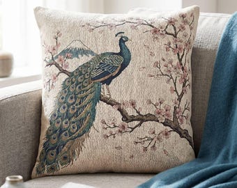 Påfågelkudde Vävd Gobelängkudde Chinoiserie Heminredning Japansk Konstkudde Körsbärsblom Accentkudde Ukiyo-e Dekor