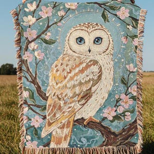 Owl Woven Blanket Apple Blossoms Mystical Art Tapestry Folklore Decor Owl Lovers Gift Enchanted Aesthetic Medieval Aesthetic Magical Blanket