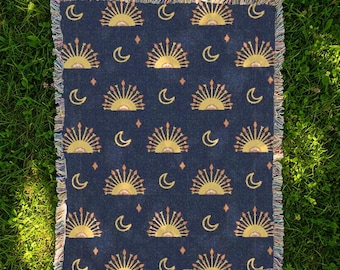 Whimsigoth Blanket Celestial Woven Blanket Whimsical Sun Moon Tapestry Throw Whimsigoth Home Decor 90s Celestial Bedroom Decor