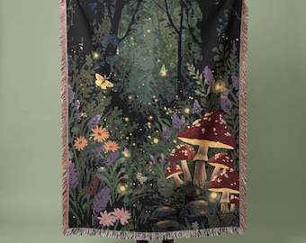 Mushroom Forest Woven Throw Blanket with Fireflies and Wildflowers for Goblincore Fairycore Decor and Enchanted Wall Art Idea for Bedroom