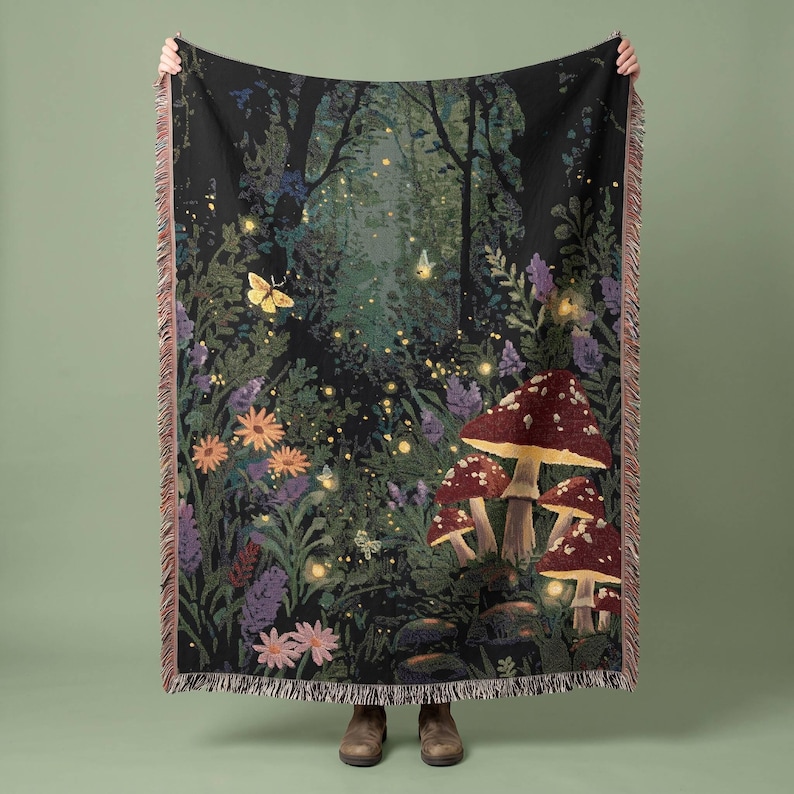 Enchanted Mushroom Tapestry Woodland Whimsy Blanket Fantasy Gift for Fungi Lovers Mycology Decor image 1