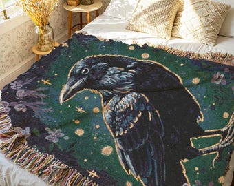 Raven Woven Blanket Dark Cottagecore Decor Witchy Throw Blanket Mystical Blanket Cozy Home Accent Gothic Home Decor Whimsigoth Blanket