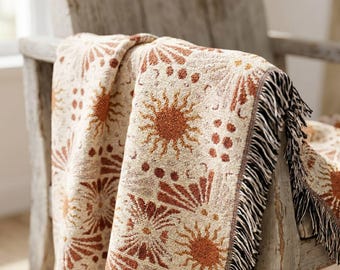 Boho Sun Woven Throw Blanket Cotton Grandmillennial Cottagecore Decor Warm Terracotta Sun Tapestry Aesthetic Sunroom Couch Fringe Blanket