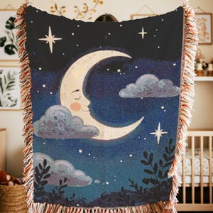 Cozy Moon Blanket Dreamy Woven Blanket Celestial Tapestry for Dark Cottagecore Room Nursery Starry Night Bedding Moon Throw Whimsigoth