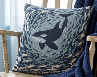 Orca Throw Pillow Woven Coastal Home Decor Killer Whale Cushion Nautical Beach House Decorative Ocean Marine Life School of Fish Navy Accent