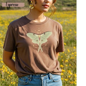 Espresso T-shirt with luna moth and crescent moon and celestial stars