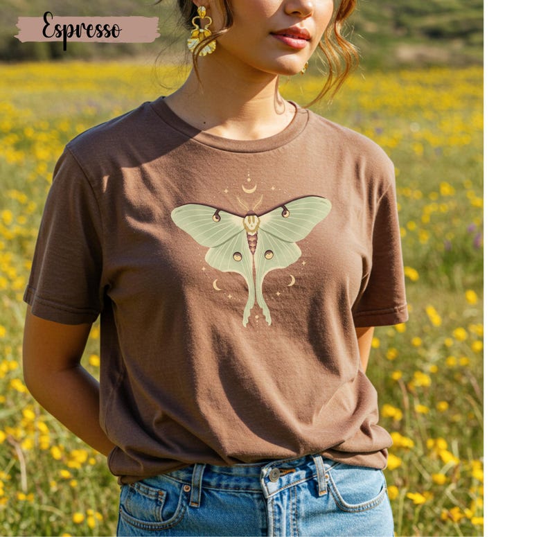 Espresso T-shirt with luna moth and crescent moon and celestial stars