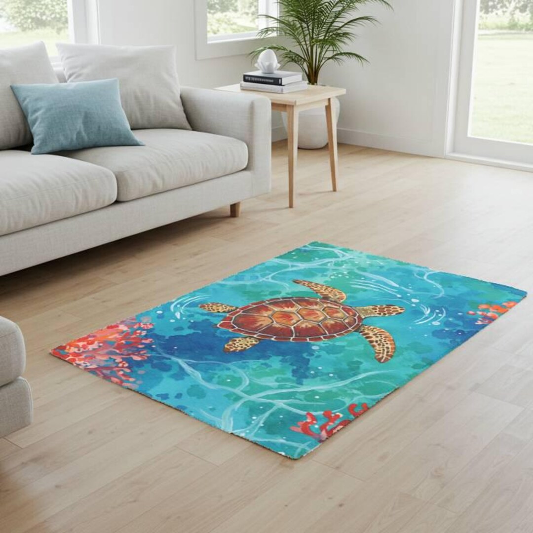 Throw Rug Turtle Sea Turtle Rug Ocean Lovers Accent Rug Beach Decor Nautical Home Decor ...