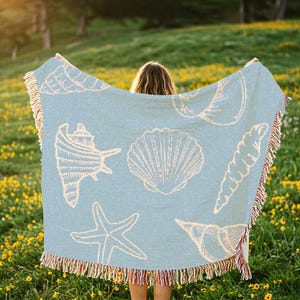 seashell blanket vintage sealife tapestry fish woven blanket crustaceancore art coastal decorating nautical home decor beach house