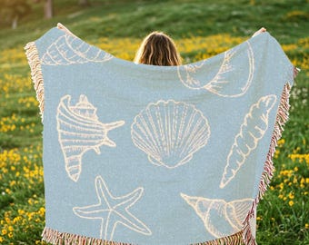 seashell blanket vintage sealife tapestry fish woven blanket crustaceancore art coastal decorating nautical home decor beach house