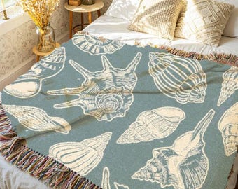 seashell blanket vintage sealife tapestry fish woven blanket crustaceancore art coastal decorating nautical home decor beach house throw