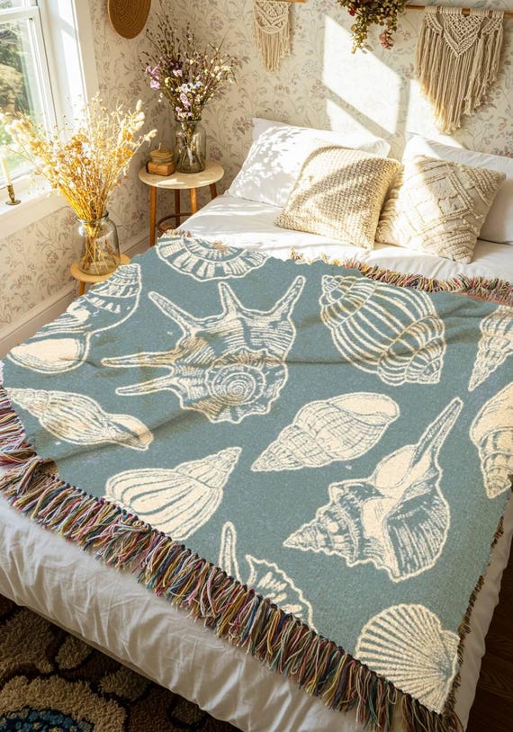 seashell blanket vintage sealife tapestry fish woven blanket crustaceancore art coastal decorating nautical home decor beach house throw
