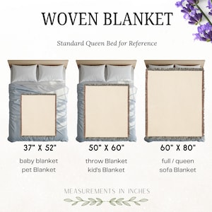 May include: A size comparison chart for a woven blanket featuring three rectangular blankets in cream with fringed edges. The sizes are labeled as 37" x 52", 50" x 60", and 60" x 80" in inches, displayed over a standard queen bed for reference.