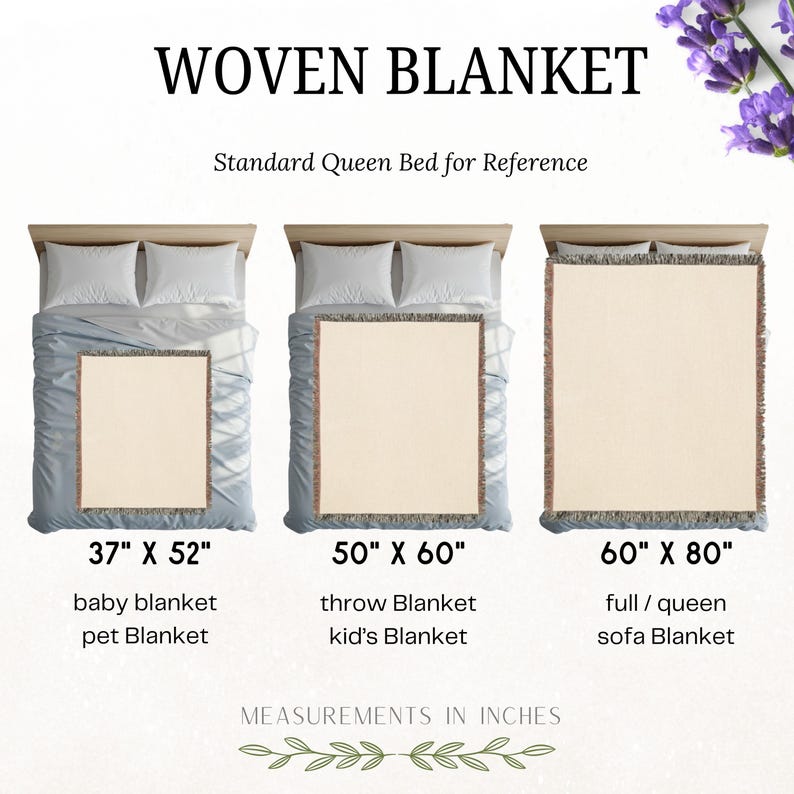 May include: A size comparison chart for a woven blanket featuring three rectangular blankets in cream with fringed edges. The sizes are labeled as 37" x 52", 50" x 60", and 60" x 80" in inches, displayed over a standard queen bed for reference.