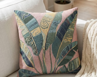 Tropical Leaves Woven Throw Pillow Eclectic Maximalist Cushion Banaan Leaf Decor Moody Jungalow Accent Pillow Plant Lover Gift Colorful