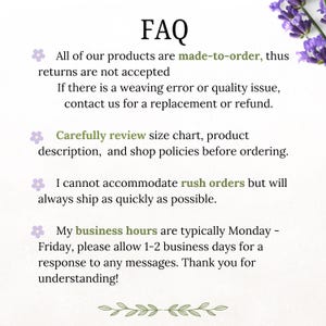 May include: An FAQ information card featuring purple lavender floral accents at the top and a green leaf flourish at the bottom. The text outlines shop policies regarding made-to-order items, returns, size charts, rush orders, and business hours.