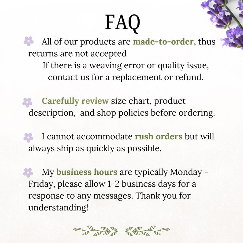 May include: An FAQ information card featuring purple lavender floral accents at the top and a green leaf flourish at the bottom. The text outlines shop policies regarding made-to-order items, returns, size charts, rush orders, and business hours.
