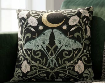 Luna Moth Prydnadskudde Art Nouveau Heminredning Gotisk Accentkudde Vävd Gobelängkudde Whimsigoth Celestial Moon Witchy Cottagecore