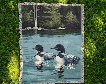 Loon Woven Blanket Cabin Decor Lake House Throw Serene Loons Tapestry Cabin Blanket Camping Throw Animals Cabin Nursery Theme