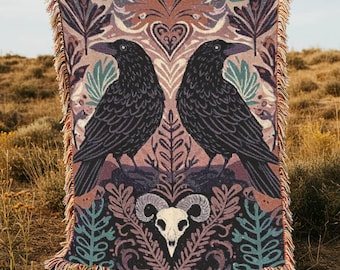Raven Witchy Woven Blanket Halloween Decor Tapestry Spooky Season Throw Dark Cottagecore Whimsigoth Blanket Tarot Accent Dark Academia