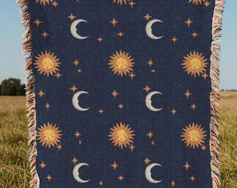 Whimsigoth Celestial Woven Blanket Sun Moon Tapestry Whimsigoth Home Decor Maximalist Bedding 90s Retro Wall Art Gothic Throw Blanket