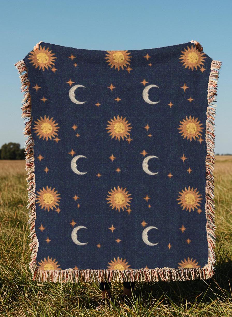 Whimsigoth Celestial Woven Blanket Sun Moon Tapestry Whimsigoth