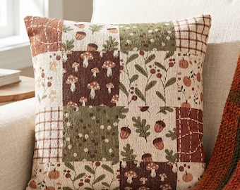 Cottagecore Throw Pillow Autumn Patchwork Woven Cushion Mushroom Foliage Accent Pillow Fall Lodge Decor Cooped Up Whimsical Forest Gift