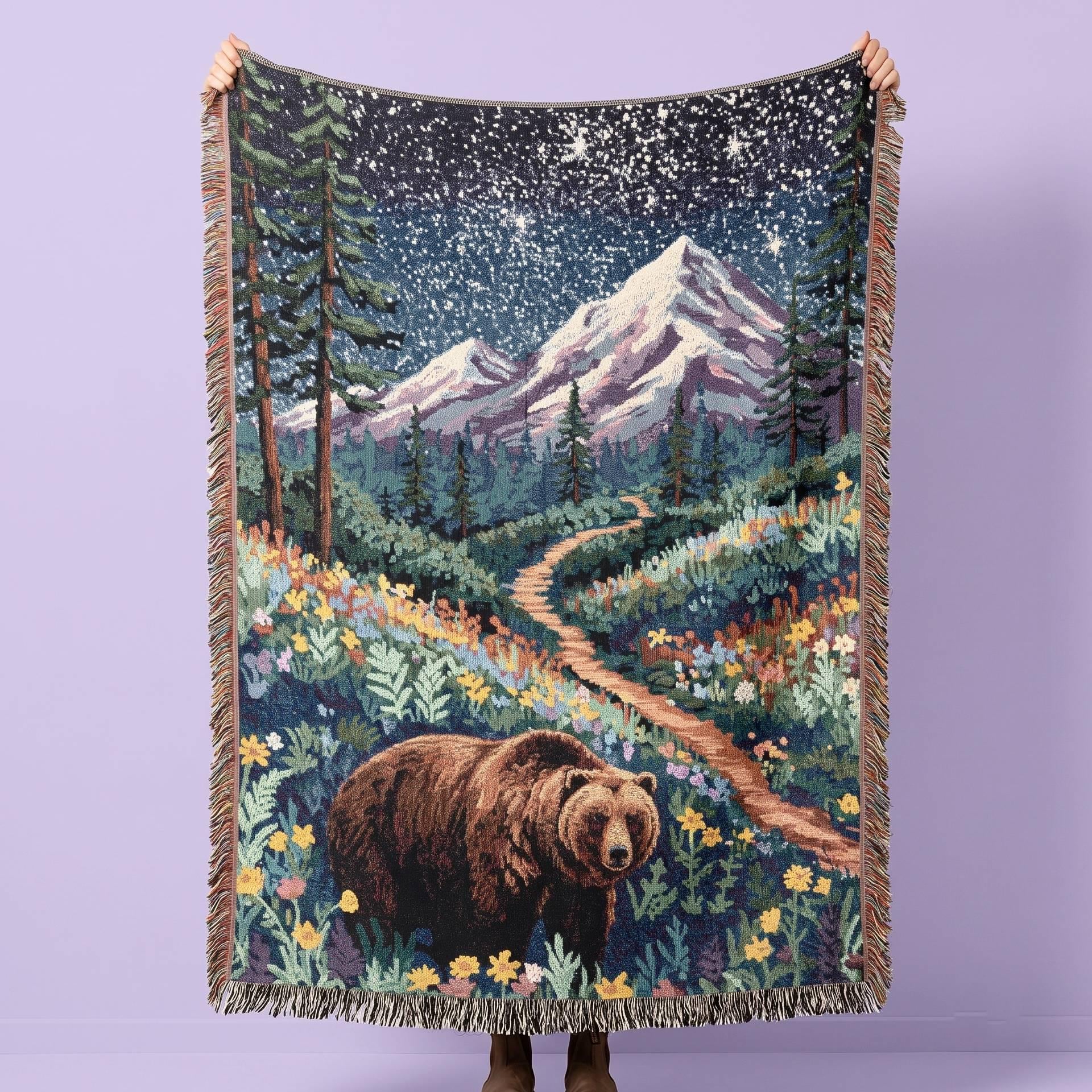 Bear Woven Blanket Bear Meadow Mountain Throw Cozy Cottagecore