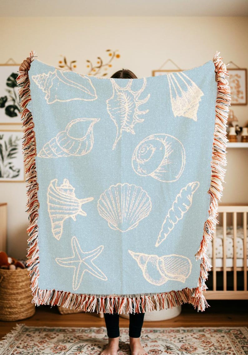 light blue blanket with white seashells, vintage sealife coastal decor nautical theme tapestry