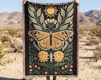 Monarch Butterfly Woven Blanket Dark Cottagecore Throw Celestial Sun Botanical Throw Blanket Vintage Nature Tapestry Goblincore Witchy Gift