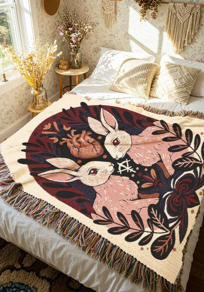 May include: A woven throw blanket with a design of two rabbits with red eyes, surrounded by floral and botanical elements. The colour palette includes cream, burgundy, and black. The blanket has a fringed edge.