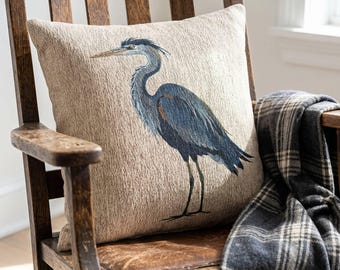 Woven Blue Heron Pillow Lake House Decor Accent Cushion Great Blue Heron Coastal Theme Throw Pillow Bird Lover Gift Living Room Cushion